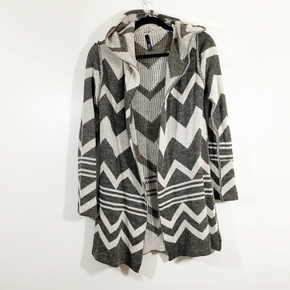 Elan Gray Chevron Open Front Wool Blend Cardigan S